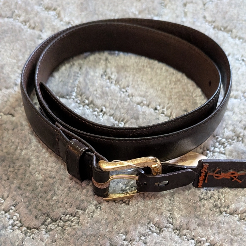 Yves Saint Laurent Brown Leather Belt with Brass Buckle